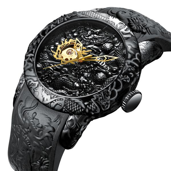 

men mechanical watch men's gold full black watches creative 3d sculpture dragon male hand wind mens wristwatch, Slivery;brown