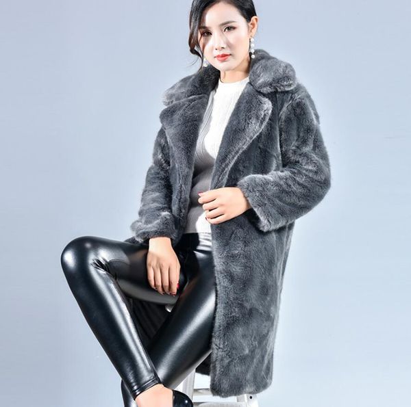 

2018 korean new turn-down collar slim england style long faux fur coat thick warm fur gray long thick warm, Black