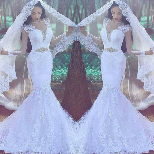 

mermaid wedding dress 2018 sheer jewel neck long sleeves lace applique bridal gowns with crystal belt, White