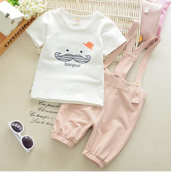 

casual cute beard t shirt stripe straps shorts children kids suits 2018 summer baby girls boys clothes suits infant cotton suits, White