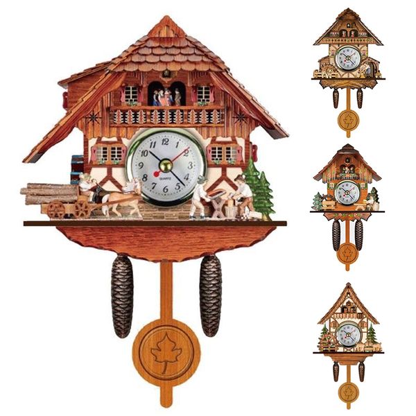 

1pc creative wooden cuckoo wall alarm clock antique bird time bell art wall hanging clock for living room home decoration