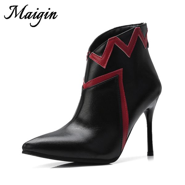 

maigin pointed toe ankle women boots 2018 new autumn ladies party shoes big size 34-43 short bota woman high heels footwear, Black