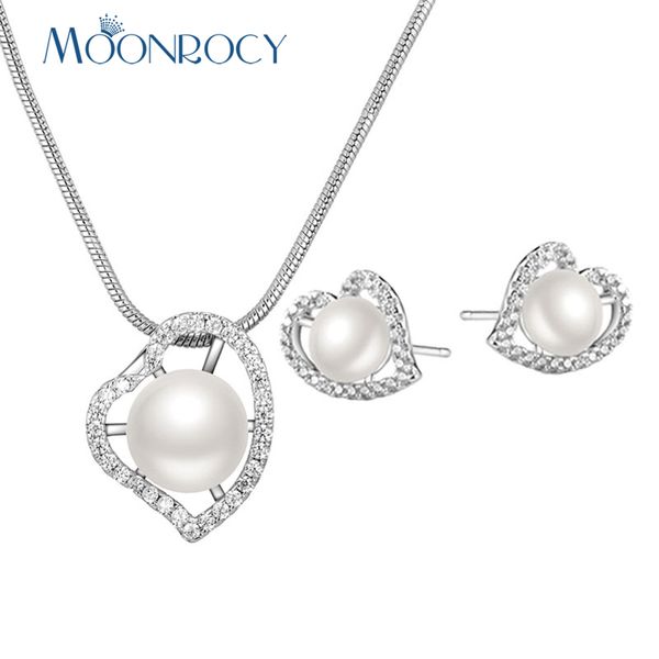 

moonrocy silver color cz crystal simulated pearl earring necklace heart jewelry set for women girls gift drop shipping wholesale