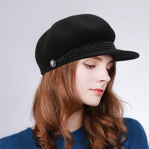 

new autumn winter hats for women solid 100% wool warm beret hats with chain casual female newsboy cap, Blue;gray