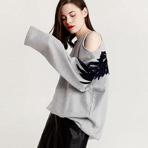 

sweatshirts women 64% cotton blended terry fabric asymmetric off shoulder long sleeve applique loose new fashion style 2018, Black