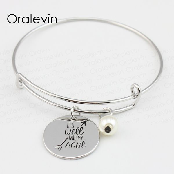 

it is well with my soul inspirational hand stamped engraved custom round pendent charm expandable bracelet gift jewelry, #ln178b, Black