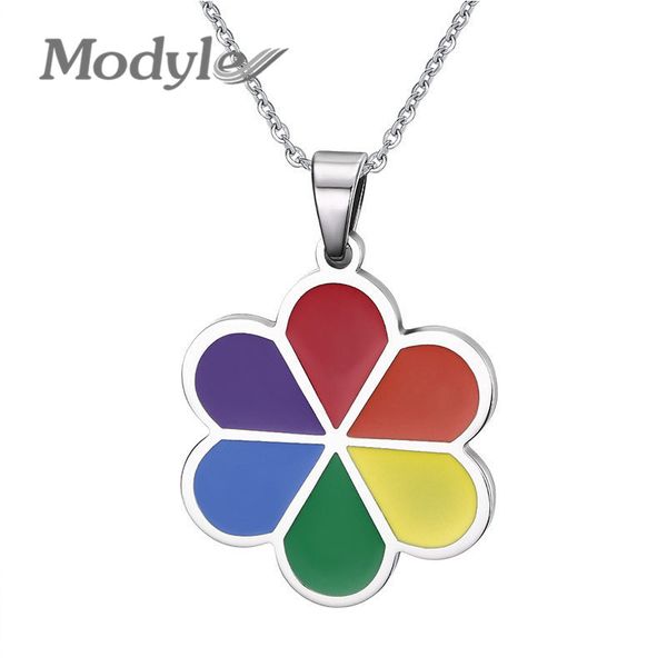 

modyle trendy stainless steel flower pendant necklace rainbow necklace for women silver chain friendship jewelry