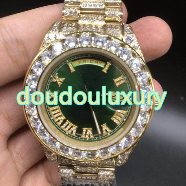 

fashion diamond men's watch 2018 new green big face 43mm iced out hip hop rap style watches automatic sweep watch, Slivery;brown