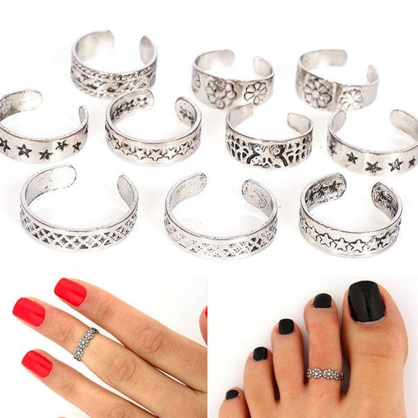 

whole sale2pcs/set retro bohemia foot rings female carved flower tibetan silver toe rings open cuff boho beach women jewelry, Golden;silver