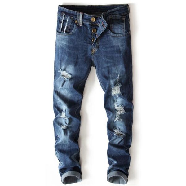 

retro design men jeans vintage wash frayed ripped jeans men straight biker jeans,denim pants designer blue