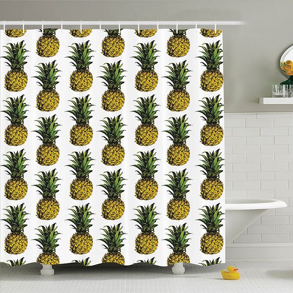 

pineapple illustration raw gourmet remote holidays getaway palm trees image, polyester bathroom shower curtain set with hooks