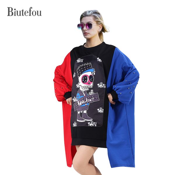 

2018 [biutefou] spring cartoon patch designs loose sweatshirts women fashion sequined beading irregular sweatshirts, Black