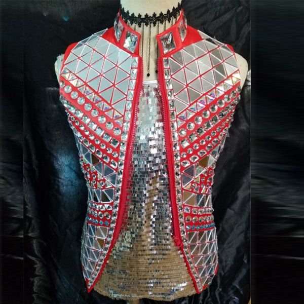 

fashion black red silver mirror vest jacket male singer outfit costume rhinestones punk style ds dj outerwear performance coat, Black;white