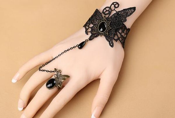 Livre novo europeu e americano antigo tribunal gótico borboleta pulseira de renda com anel de banda de cristal uma moda clássica elegante