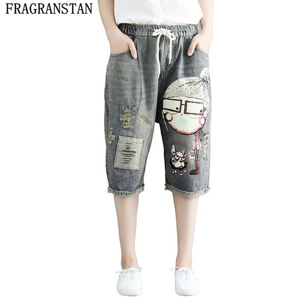 

2018 women summer new fashion plus size cartoon print denim pants elastic waist ripped vintage loose knee length jeans ly536, Blue