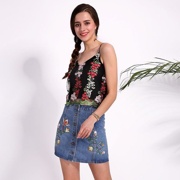 

new arrival blusas 2017 summer women crop vest retro floral embroidery camisole v neck sleeveless backless camis, White