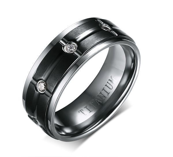 

zhf jewelry 8mm pure titanium ip black plating ring for men titanium material inlay shine rhinestone ring fashion jewelry boyfriend gift, Silver