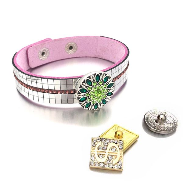 

6 colors fashion bling bling 325 crystal leather 18mm snap button charm bracelet bangle jewelry for women teenagers gift, Golden;silver