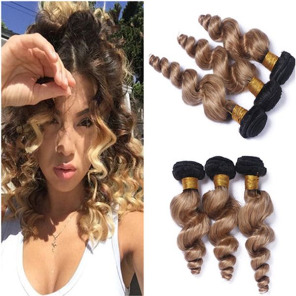 Malaysian Honey Blonde Ombre Human Hair Bundles Dark Root Loose