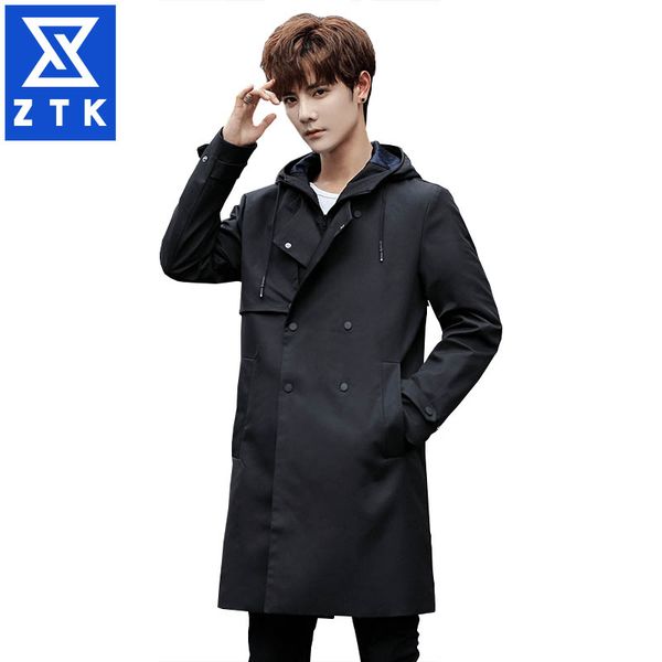 

long and medium - length men's korean version of slim - cut fashion hooded pure color windbreaker, Tan;black