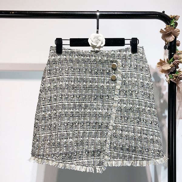 

skirts high street women asymmetrical twill mini skirt elegant lady plaid tassel party short, Black