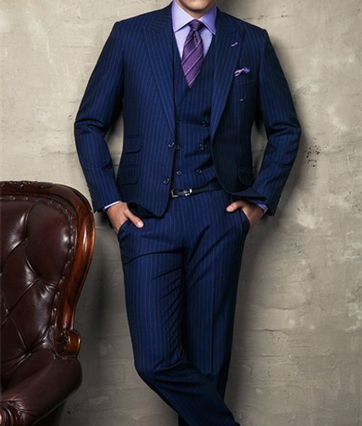 

fashion navy blue with strips 3 piece suit men wedding tuxedos peak lapel groom tuxedos men business dinner blazer(jacket+pants+tie+vest)463, Black;gray