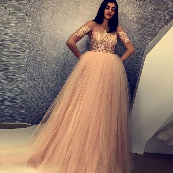 

champagne lace evening dresses with short sleeves a-line tutu long prom gowns vintage formal party dress 2019, Black