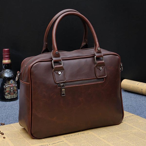 

2018 Business Men Briefcase Handbags Crazy Horse PU Leather Laptop Bag Casual Man Zipper Shoulder Bags Vintage Travel Bag
