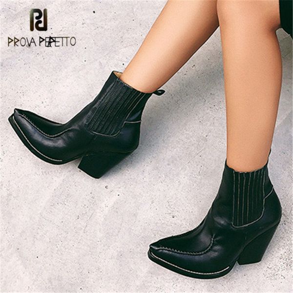 

prova perfetto ankle boots for women genuine leather 8cm high heel botas mujer platform wedge shoes woman boots, Black