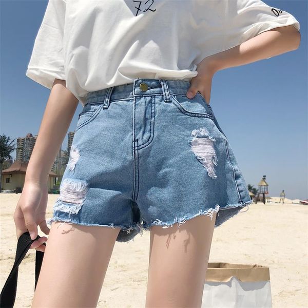 

2018 summer and autumn women's shorts washed and worn, denim, high waist, slim jeans, broad legs, Blue
