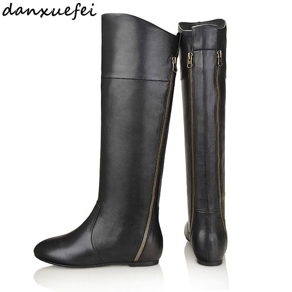 

plus size 33-40 women's genuine leather knee high boots double zip new boots winter waterproof shoe, Black