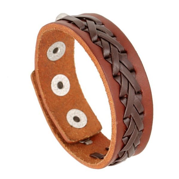 

new fashion brown leather knitting bracelet punk style cowhide leather wristband with alloy snap fastener jewelry accessorie birthday gifts, Golden;silver