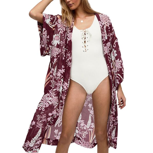 

oxuan women flower print kimono cardigan three quarter length sleeve floral print fringe vacation beach kimono, White