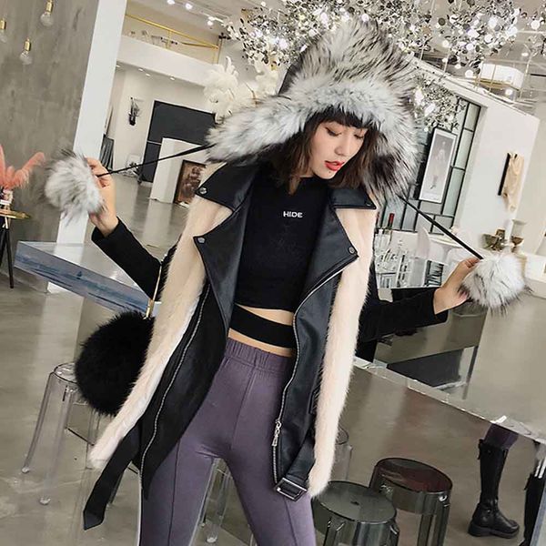 

ansfx stylish flase 2 piece hairy shaggy faux fur gilet vest women stitching faux leather sleeveless jacket waistcoat 2 colors, Black