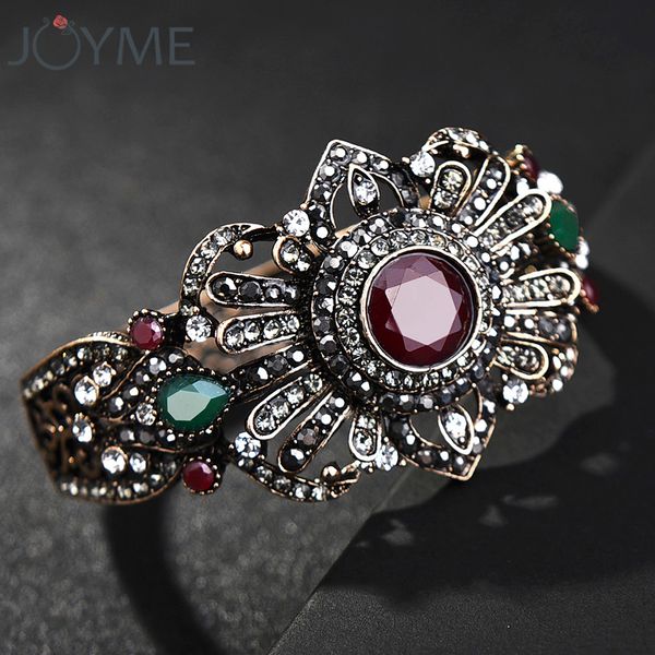 

vintage charm cuff bracelets & bangles for women blue red crystal turkish ethnic style big wide statement design retro jewelry, Black