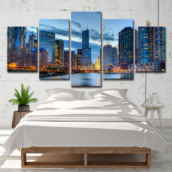 2019 Canvas Wall Art Pictures Home Decor Chicago City Night View Paintings Hd Prints Beautiful River City Building Posters From Print Art Canvas
