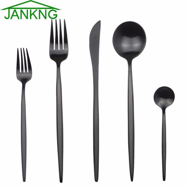 JANKNG 5 Adet Saf Siyah Avrupa Yemek Bıçağı 304 Paslanmaz Çelik Batı Çatal Mutfak Gıda Sofra Yemeği Seti için 1