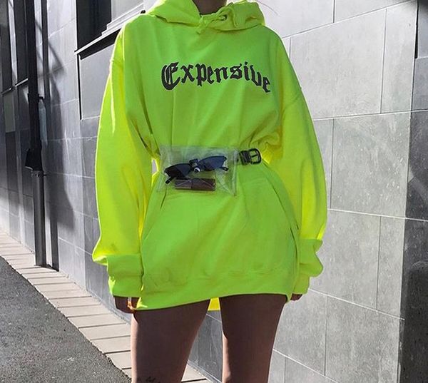 

2018 autumn and winter new fluore cent loo e letter printing hooded long weat hirt women