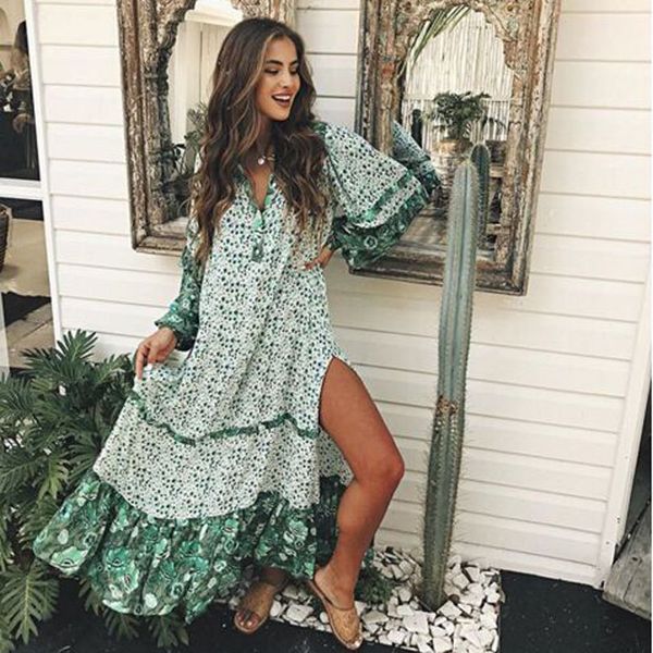 

bellflower women dress summer long lantern sleeve loose dress female holiday v neck long dresses bohemia floral print, Black;gray