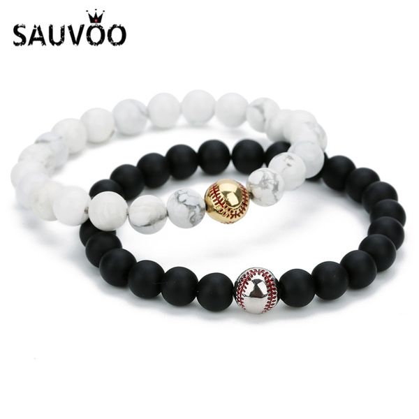 

sauvoo 8mm elastic natural lava stone beads bracelet for women men adjustable couple baseball charms bracelet sport jewelry, Golden;silver