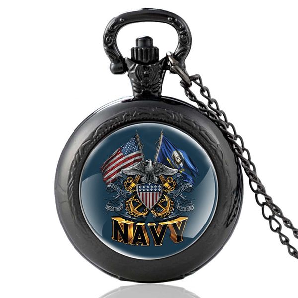

new fashion classic black united states navy quartz pocket watch vintage men women pendant necklace watches, Slivery;golden