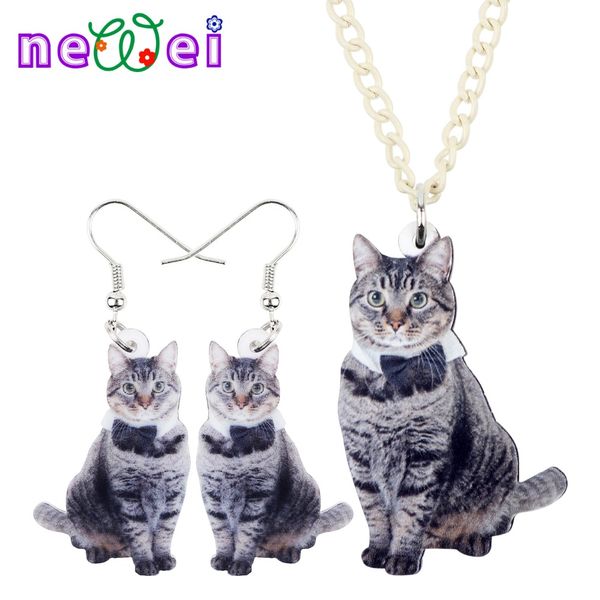 

newei sweet acrylic bowknot grey cat kitten earrings necklace chain collar fashion animal jewelry sets for women girls gift teen, Silver