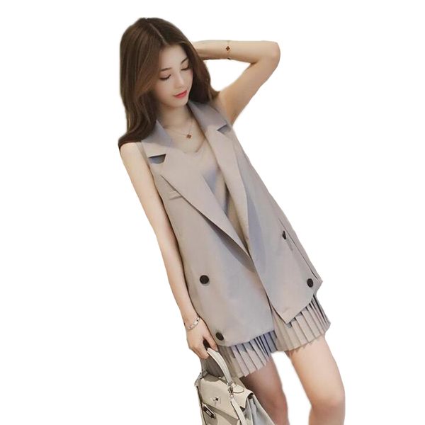 

korean style professional brown vest jacket+pleated strap dress slim elegant office lady business suits female vest suits, White;black