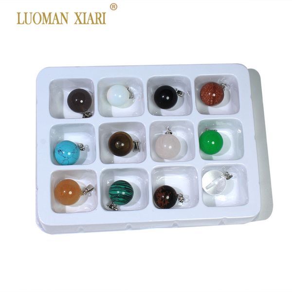 

wholesale 12 pcs mix color boxed natural stone ball shape charm pendant diy fit necklace for jewelry making diy 14 mm, Black