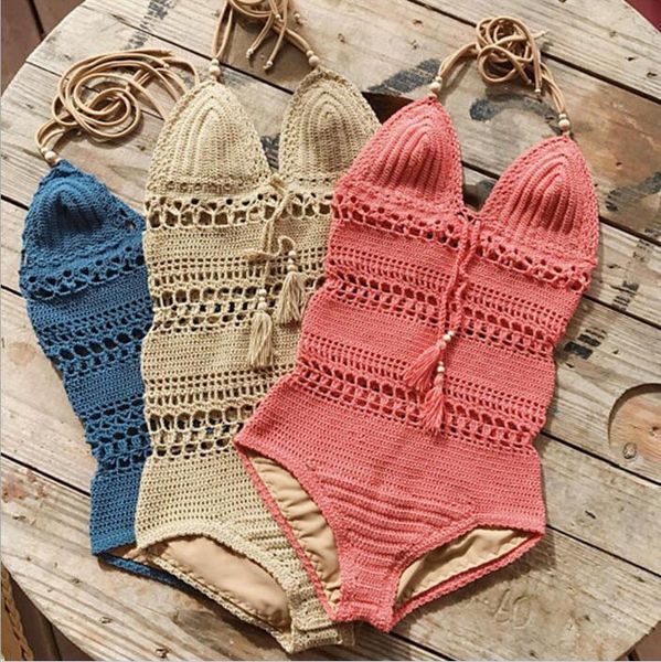 Bodysuit Mulheres Bikini Crochet Malha Swimwear Sexy Verão Swimsuit Bandage Oco Out Maiôs Moda Macacão Tankini Beachwear B4087