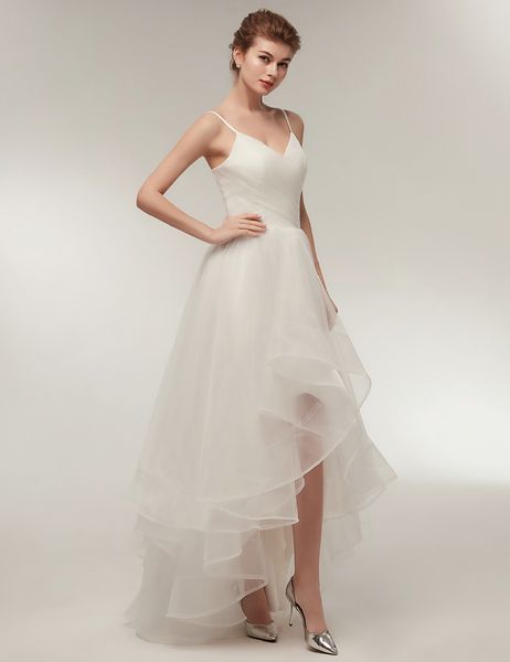 Abiti da sposa estivi eleganti con cinghie Abiti da sposa sexy con scollo a V Hi Lo Abiti da sposa Abiti in tulle su misura DH4169