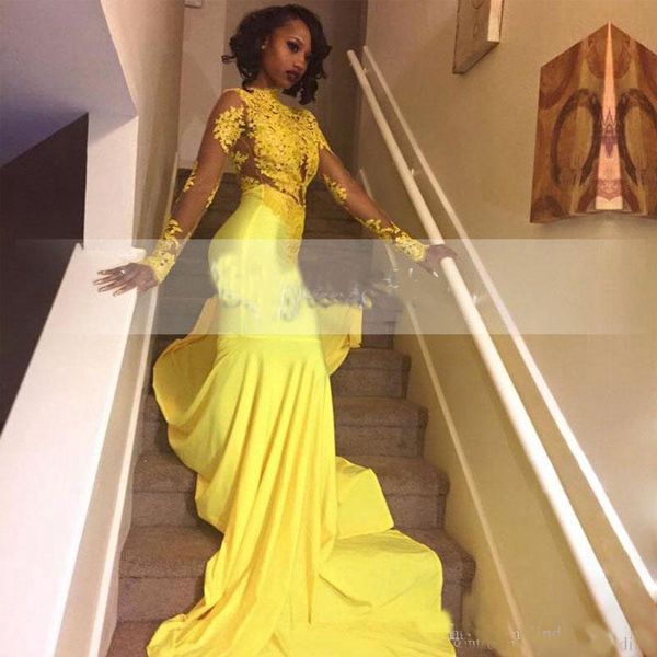 

2018 Pretty Yellow African Lace Appliqued South African Prom Dress Mermaid Long Sleeve Banquet Evening Party Gown Custom Made Plus Size