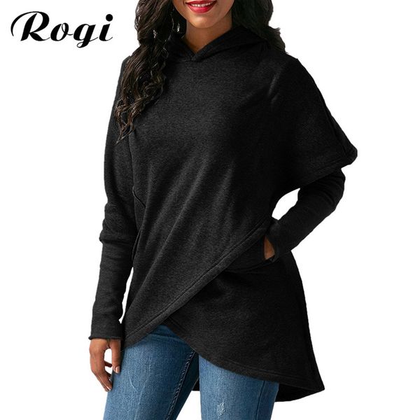 

rogi sudaderas para mujer 2017 fashion irregular hooded pockets female hoodies harajuku solid sweatshirt women pullovers outwear, Black