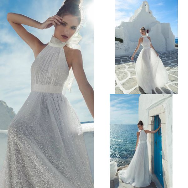 

2019 джули vino пляж свадебные платья холтер блеск искра линии рукавов boho богемной свадебное платье на заказ свадебные платья, White