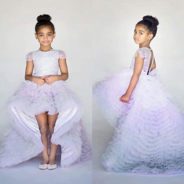 

2018 high low flower girl dresses cap sleeve tiered tulle lace applique purple girls pageant dress birthday party wear formal gowns, White;blue